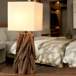 Wohnzimmerlampen|Stofflampen*Suna Living Tischleuchte Treibholz Stoff 53 cm Nachtisch Wohnzimmer