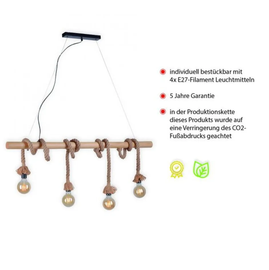 Hängelampen|Bürolampen*Just Light Vintage Pendelleuchte Holzbalken Tau Seil E27 100 cm