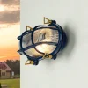 Rustikale Lampen|Metall Lampen*Lido Wandlampe außen IP64 Messing Riffelglas E27 Blau Maritim