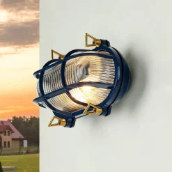 Rustikale Lampen|Metall Lampen*Lido Wandlampe außen IP64 Messing Riffelglas E27 Blau Maritim