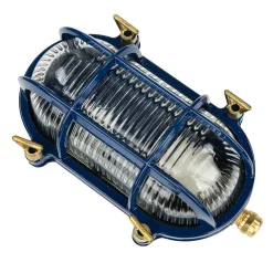 Rustikale Lampen|Metall Lampen*Lido Wandlampe außen IP64 Messing Riffelglas E27 Blau Maritim