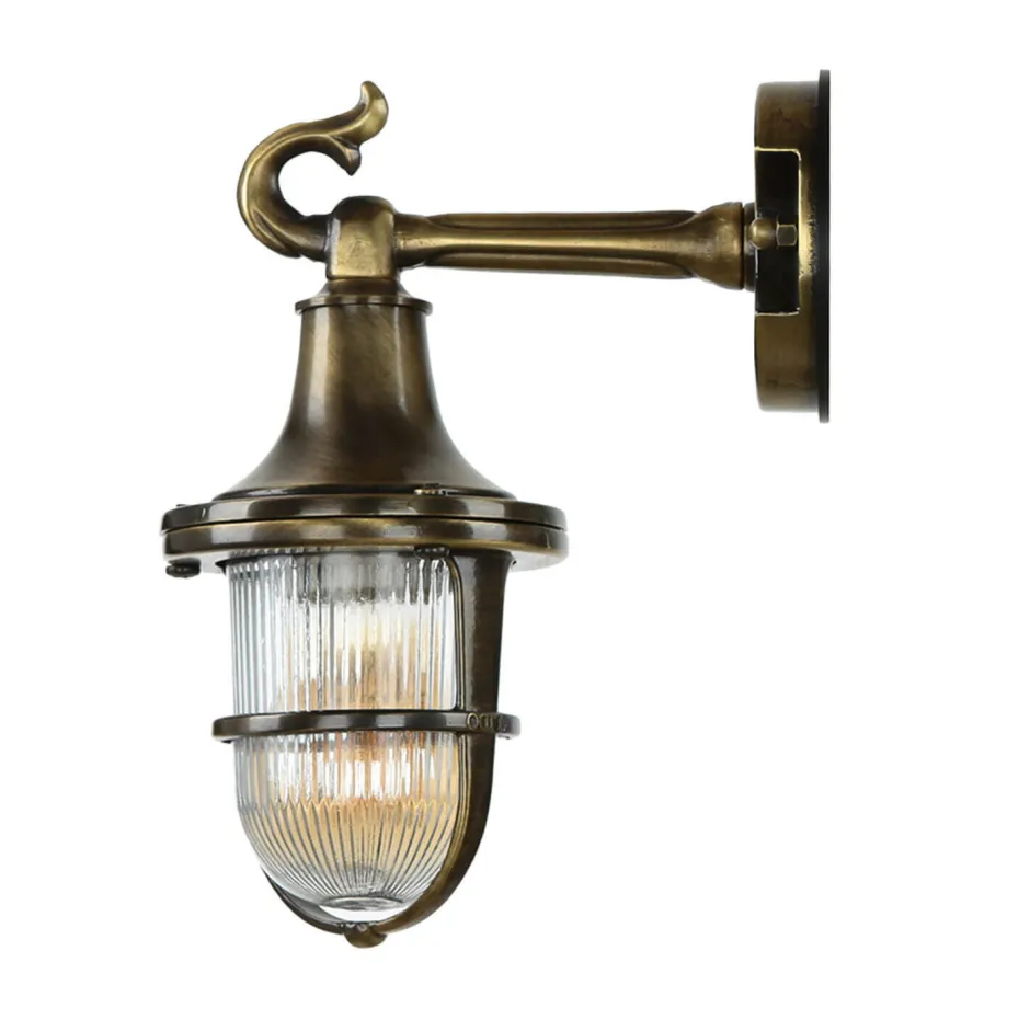 Außenwandleuchten|Rustikale Lampen*Lido Wandlampe Außen Messing Riffelglas Hof Maritim IP64