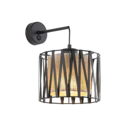 TK Lighting Wandlampe E27 Metall Jute H: 35 cm in Schwarz Braun MINA< Wandleuchten|Schlafzimmer Lampen