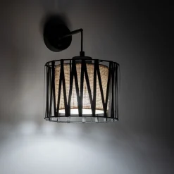 TK Lighting Wandlampe E27 Metall Jute H: 35 cm in Schwarz Braun MINA< Wandleuchten|Schlafzimmer Lampen