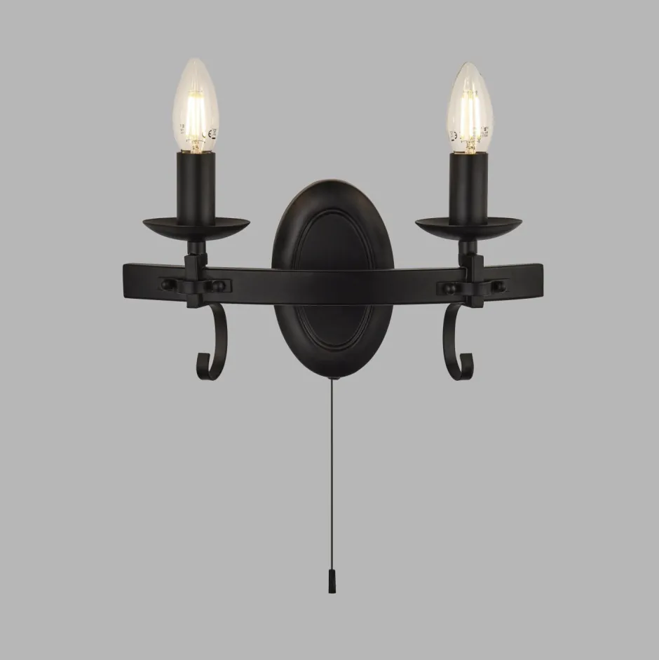Rustikale Lampen|Wohnzimmerlampen*Searchlight Wandlampe Eisen mit Schalter 2-flammig Schwarz E14 B: 32 cm
