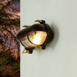 Rustikale Lampen|Metall Lampen*Lido Wandlampe Messing Riffelglas IP64 rostfrei E27 außen