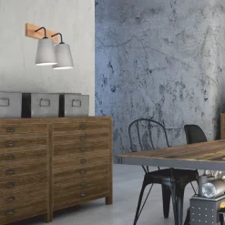 Wandleuchten|Flurlampen*Lamkur Wandlampe Modern Grau Natur B: 33 cm 2-flammig E27 Stoff Holz