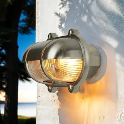 Außenwandleuchten|Rustikale Lampen*Lido Wandlampe Nickel IP64 Echt-Messing oval Maritim