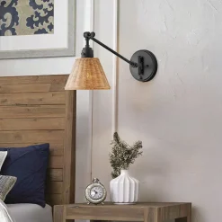 Wandleuchten|Wohnzimmerlampen*Elstead Wandlampe Rattan Metall Gelenkarm schwenkbar E27 zum Lesen