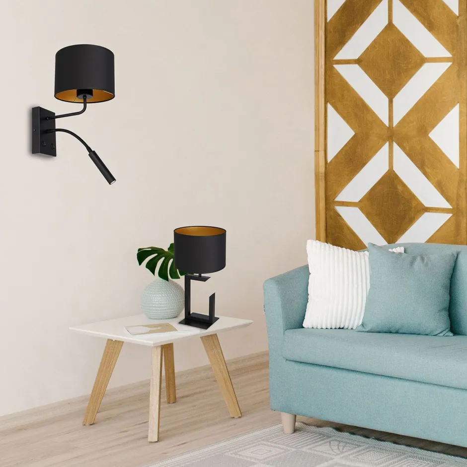 Wandleuchten|Schlafzimmer Lampen*Luminex Wandlampe Schwarz Gold Stoff Lesearm E27 G9 wohnlich