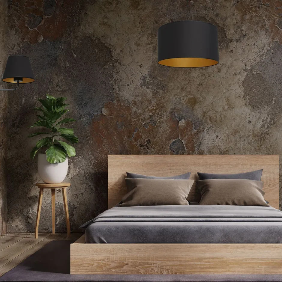 Wandleuchten|Schlafzimmer Lampen*Luminex Wandlampe Schwarz Gold Stoffschirm konisch H:23 cm E27