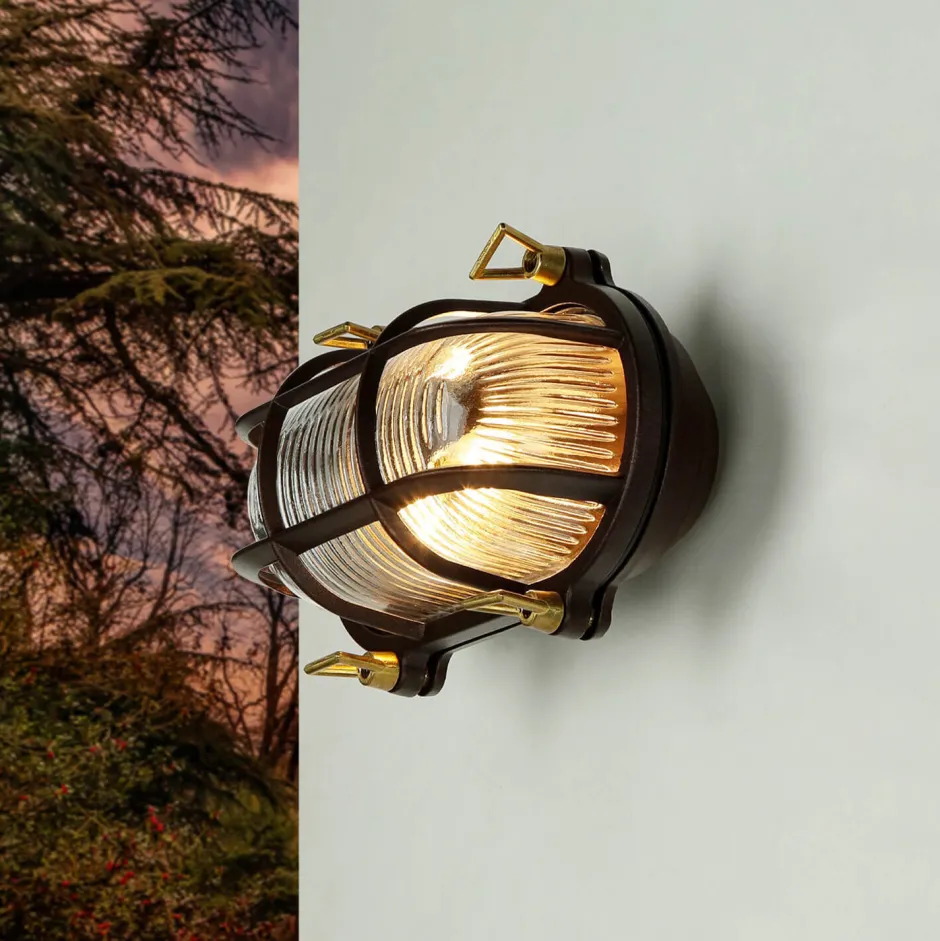 Lido Wandleuchte außen Maritim IP64 Messing Riffelglas E27< Außenwandleuchten|Rustikale Lampen
