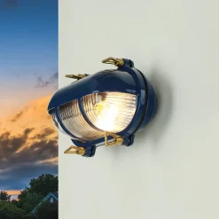 Lido Wandleuchte außen Messing Riffelglas IP64 E27 Blau< Rustikale Lampen|Metall Lampen