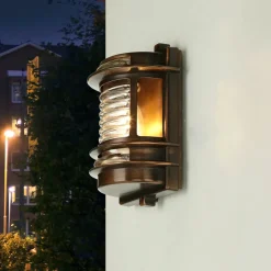 Rustikale Lampen|Metall Lampen*Lido Wandleuchte außen Messing Glas IP64 E27 Kupfer antik