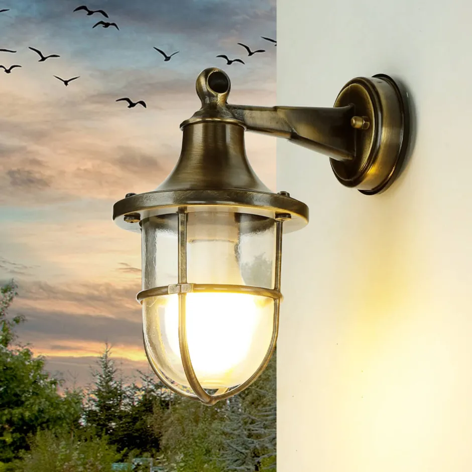 Außenwandleuchten|Rustikale Lampen*Lido Wandleuchte außen Messing massiv Glas IP64 E27 SANTORIN