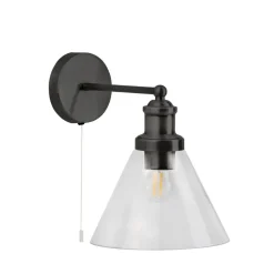 Wohnzimmerlampen|Glaslampen*Searchlight Wandleuchte E27 Schwarz Klar mit Schalter Vintage