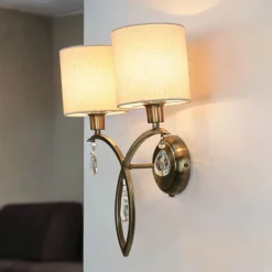 Searchlight Wandleuchte 2-flammig in Messing Antik Natur E14 Stoff< Wohnzimmerlampen|Glaslampen