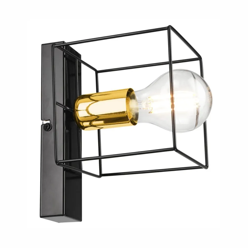 Wandleuchten|Flurlampen*Lamkur Wandleuchte Metall klein Schwarz Gold Würfel Draht für E27