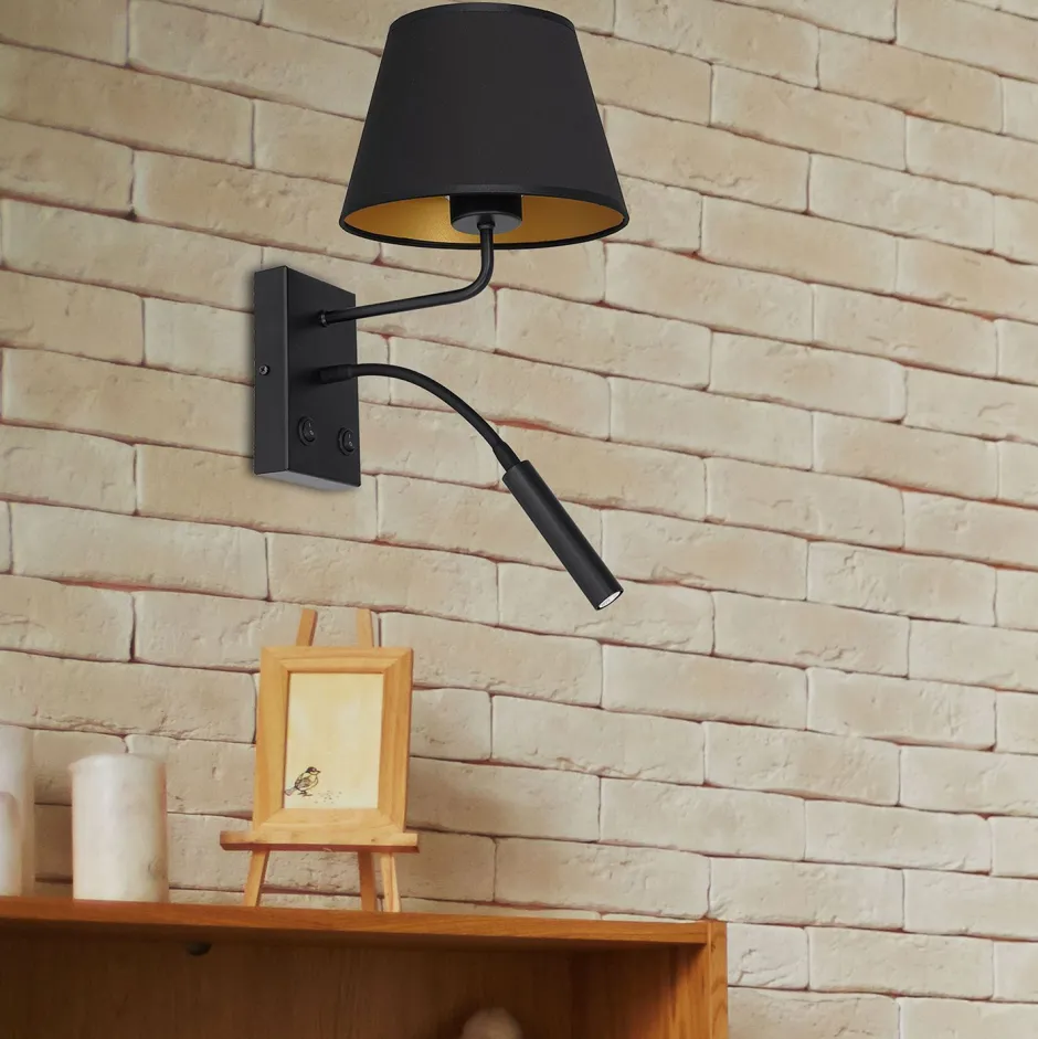 Wohnzimmerlampen|Metall Lampen*Luminex Wandleuchte Schwarz Gold Stoff konisch Lesearm E27 G9