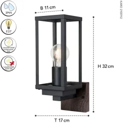 Metall Lampen|Vintage Lampen*Eco-Light Wandleuchte Vintage Schwarz Holz H:32 cm IP44 E27