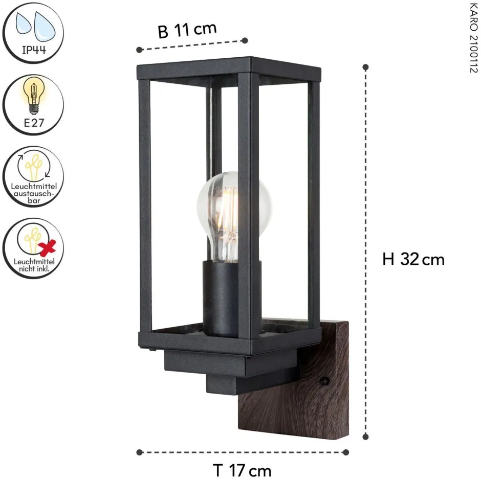 Metall Lampen|Vintage Lampen*Eco-Light Wandleuchte Vintage Schwarz Holz H:32 cm IP44 E27