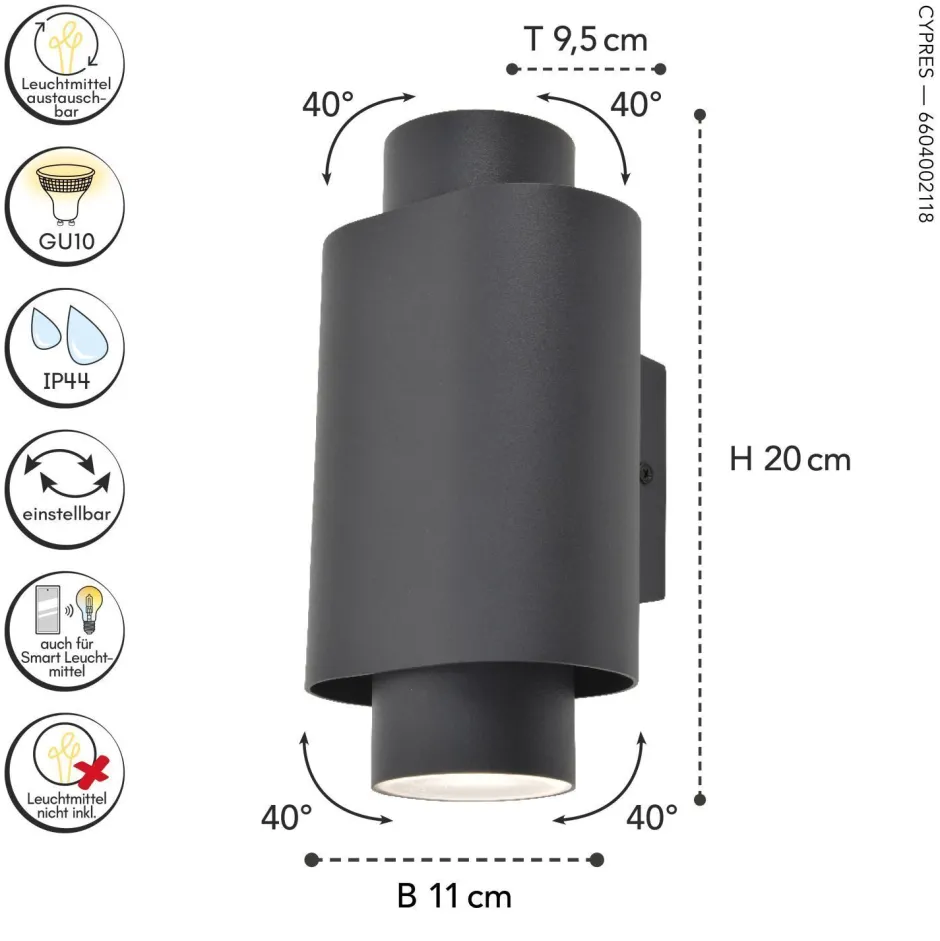Metall Lampen|Moderne Außenleuchten*Eco-Light Wandspot Anthrazit Up Down H:20 cm IP44 GU10 flexibel