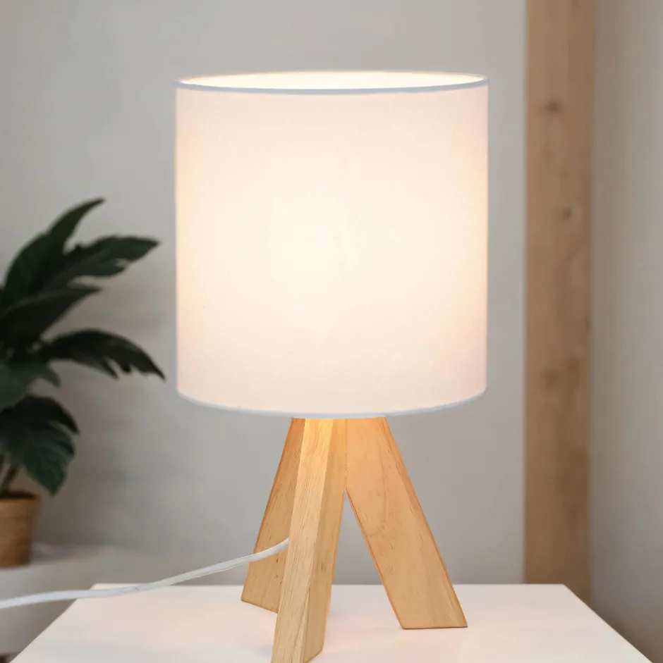 Nachttischlampen|Stofflampen*Easylight Weiße Tischleuchte Holz Fuß Stoff Schirm 31cm E14