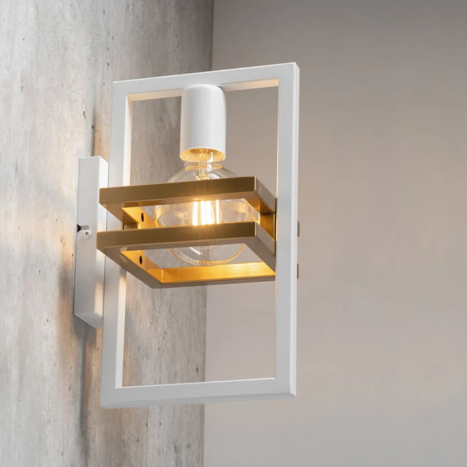 Sigma Weiße Wandlampe Gold Metall klein H:31 cm eckig E27< Wandleuchten|Flurlampen