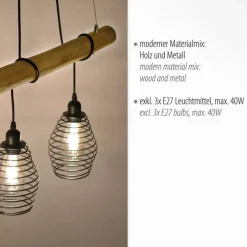 Hängelampen|Bürolampen*Just Light Wohnliche Pendelleuchte E27 90 cm Schwarz Natur Vintage