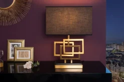 Invicta Interior Wohnliche Tischleuchte Schwarz Gold Stoff blendarm E27< Tischlampen|Schlafzimmer Lampen